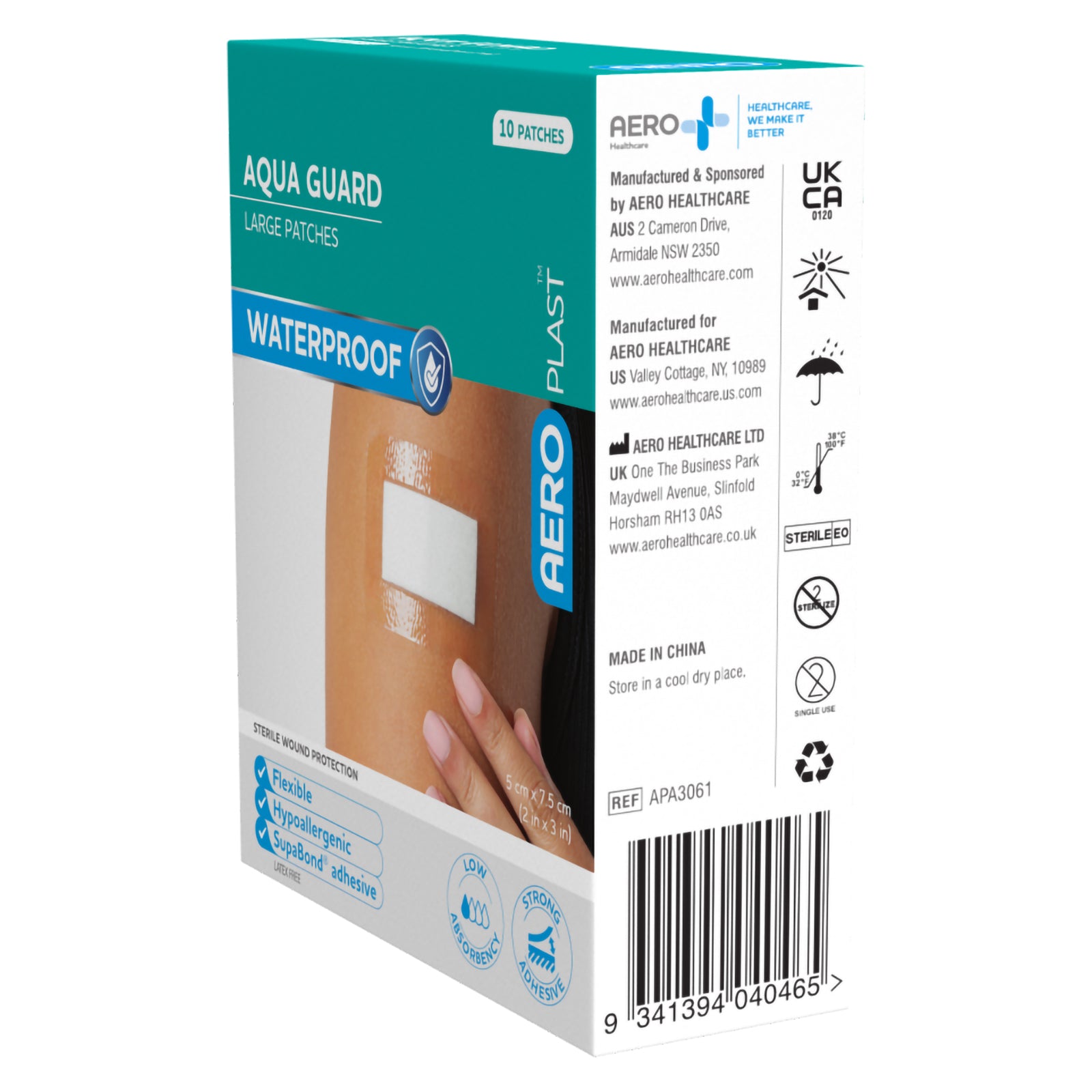 Side and front view of the AeroPlast AquaGuard Large Waterproof Patch box showing manufacturer details, storage symbols, sterile single use information, reference APA3061 and the front waterproof dressing design.