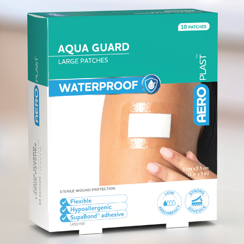 Close product view of the AeroPlast AquaGuard Large Waterproof Patch retail box showing the 10 patch quantity, 7.5 x 5cm size, sterile wound protection, flexible construction and waterproof transparent dressing.