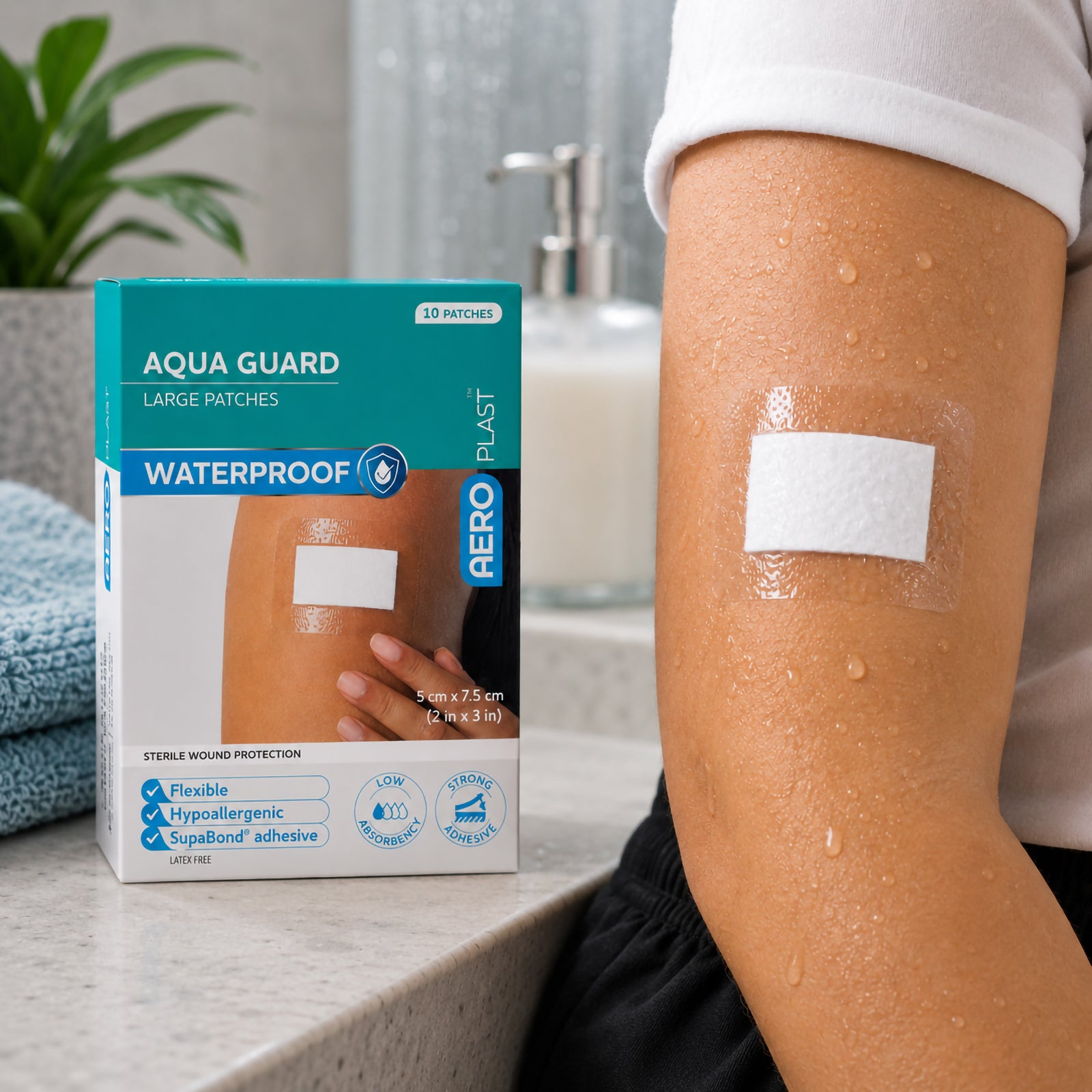 AeroPlast AquaGuard Large Waterproof Patch shown applied to a wet upper arm beside the retail box in a bathroom setting, demonstrating the transparent film and broad adhesive seal around the white wound pad.