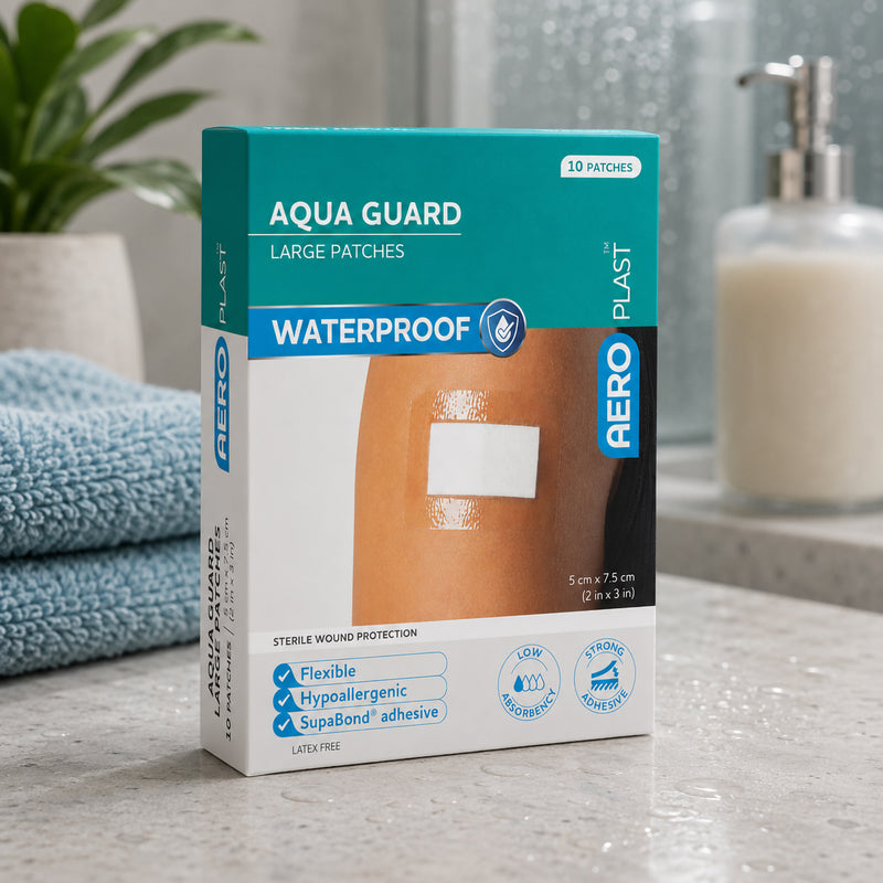 Front view of the AeroPlast AquaGuard Large Waterproof Patch box on a bathroom counter with water droplets nearby, highlighting the 10 patch pack, waterproof protection, flexible design and SupaBond adhesive.