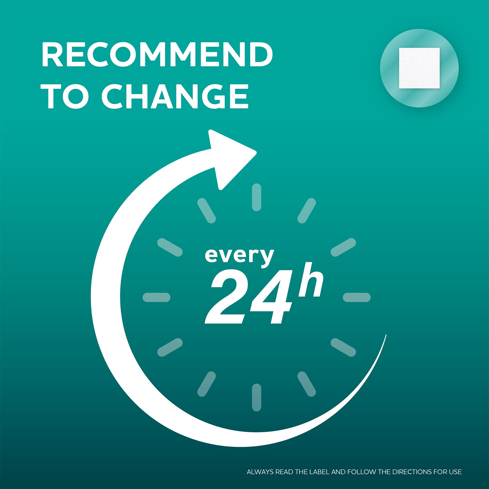 AquaGuard information graphic recommending that the waterproof spot dressing be changed every 24 hours. A circular clock illustration communicates the daily replacement interval alongside a reminder to always read the label and follow the directions for use.