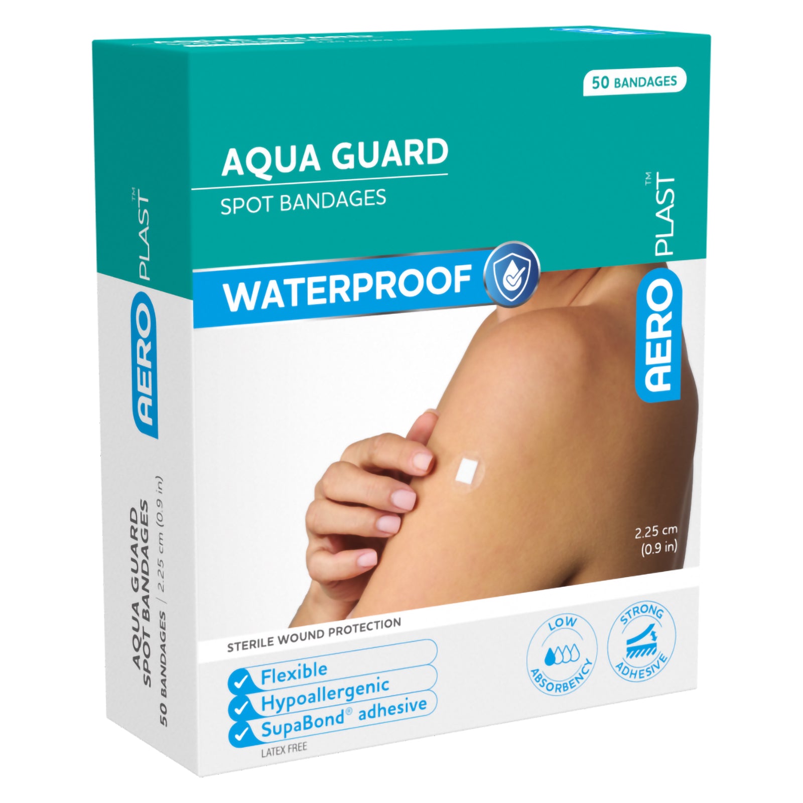 Angled front view of the AeroPlast AquaGuard waterproof spot dressing pack with clear branding and product benefits. The packaging shows the 50 bandage quantity, compact 2.25cm size, sterile wound protection, low absorbency and strong adhesive characteristics.