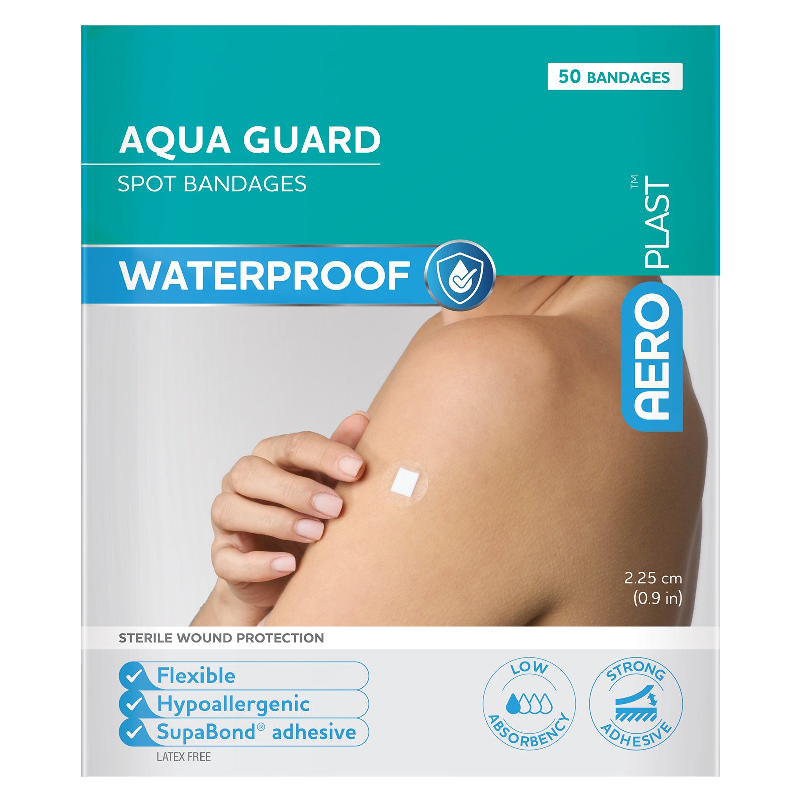 Front facing AeroPlast AquaGuard Spot Bandages package showing the waterproof design, 50 dressing quantity, 2.25cm size and key product features including sterile wound protection, flexibility, hypoallergenic construction and SupaBond adhesive.