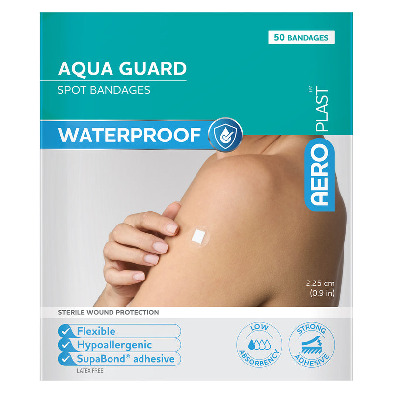 Front facing AeroPlast AquaGuard Spot Bandages package showing the waterproof design, 50 dressing quantity, 2.25cm size and key product features including sterile wound protection, flexibility, hypoallergenic construction and SupaBond adhesive.