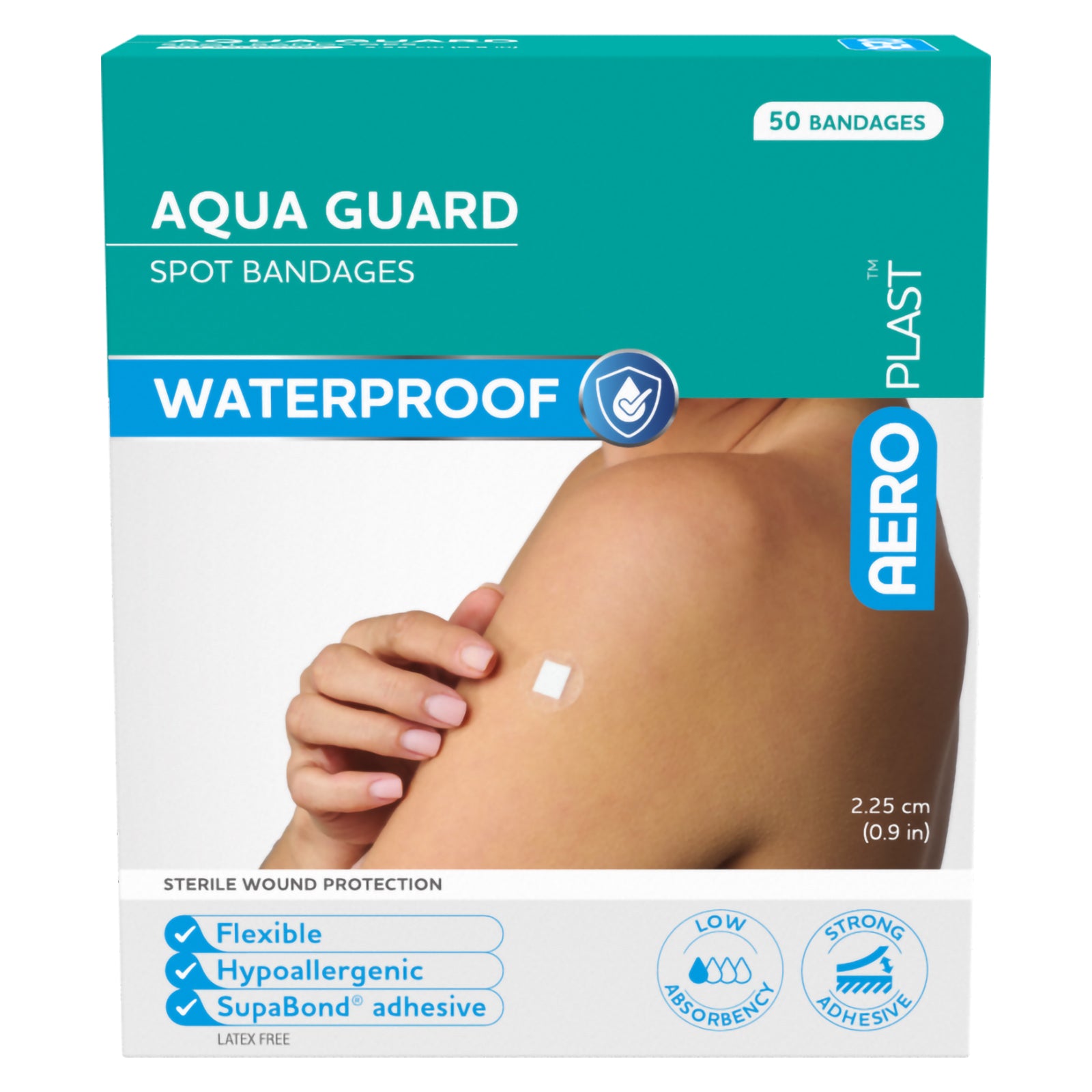 Straight front view of the AeroPlast AquaGuard Spot Bandages box featuring waterproof wound protection, flexible and hypoallergenic construction, SupaBond adhesive and a 2.25cm transparent dressing shown applied to the upper arm.