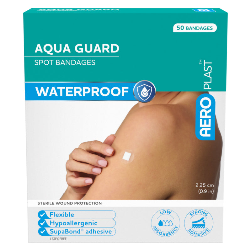 Straight front view of the AeroPlast AquaGuard Spot Bandages box featuring waterproof wound protection, flexible and hypoallergenic construction, SupaBond adhesive and a 2.25cm transparent dressing shown applied to the upper arm.