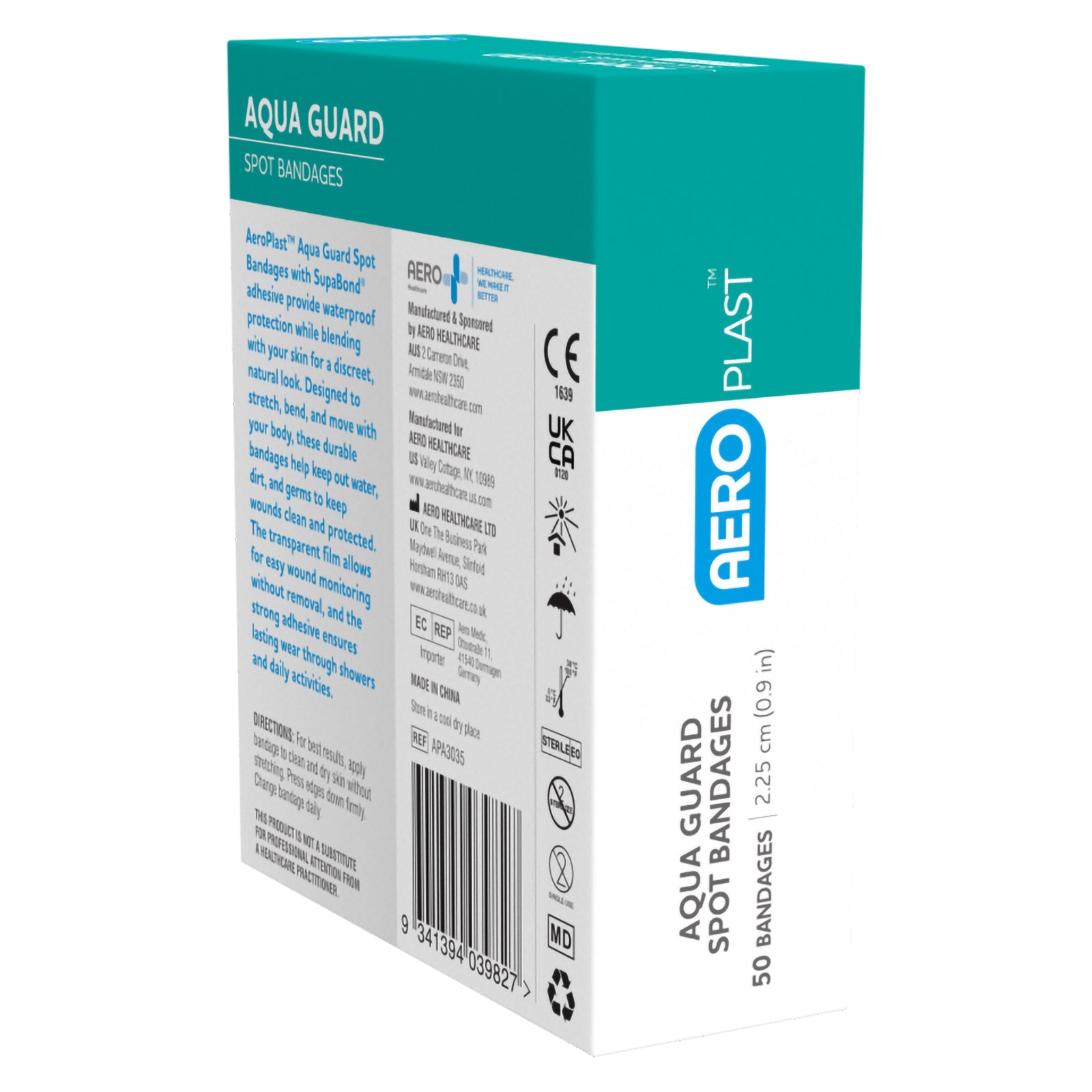 Angled rear view of the AeroPlast AquaGuard Spot Bandages box displaying product information, directions for application, storage guidance, medical device symbols, barcode and the 2.25cm dressing size printed on the side panel.