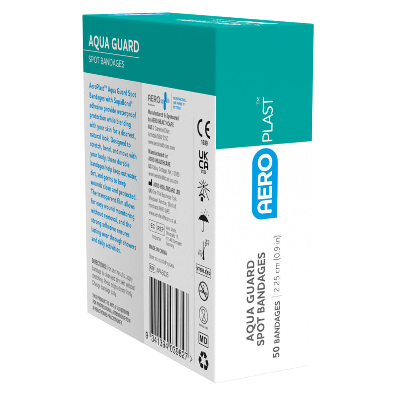Angled rear view of the AeroPlast AquaGuard Spot Bandages box displaying product information, directions for application, storage guidance, medical device symbols, barcode and the 2.25cm dressing size printed on the side panel.