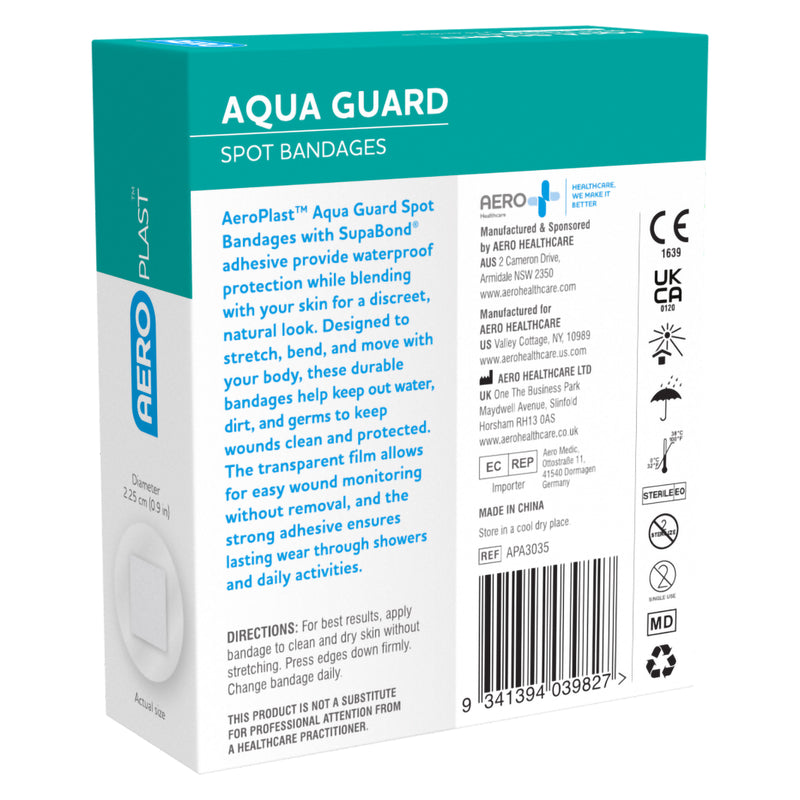 Three quarter rear view of the AeroPlast AquaGuard box showing product instructions and manufacturer information alongside the side panel. The packaging identifies the dressing as a 2.25cm Aqua Guard spot bandage supplied in a box of 50.