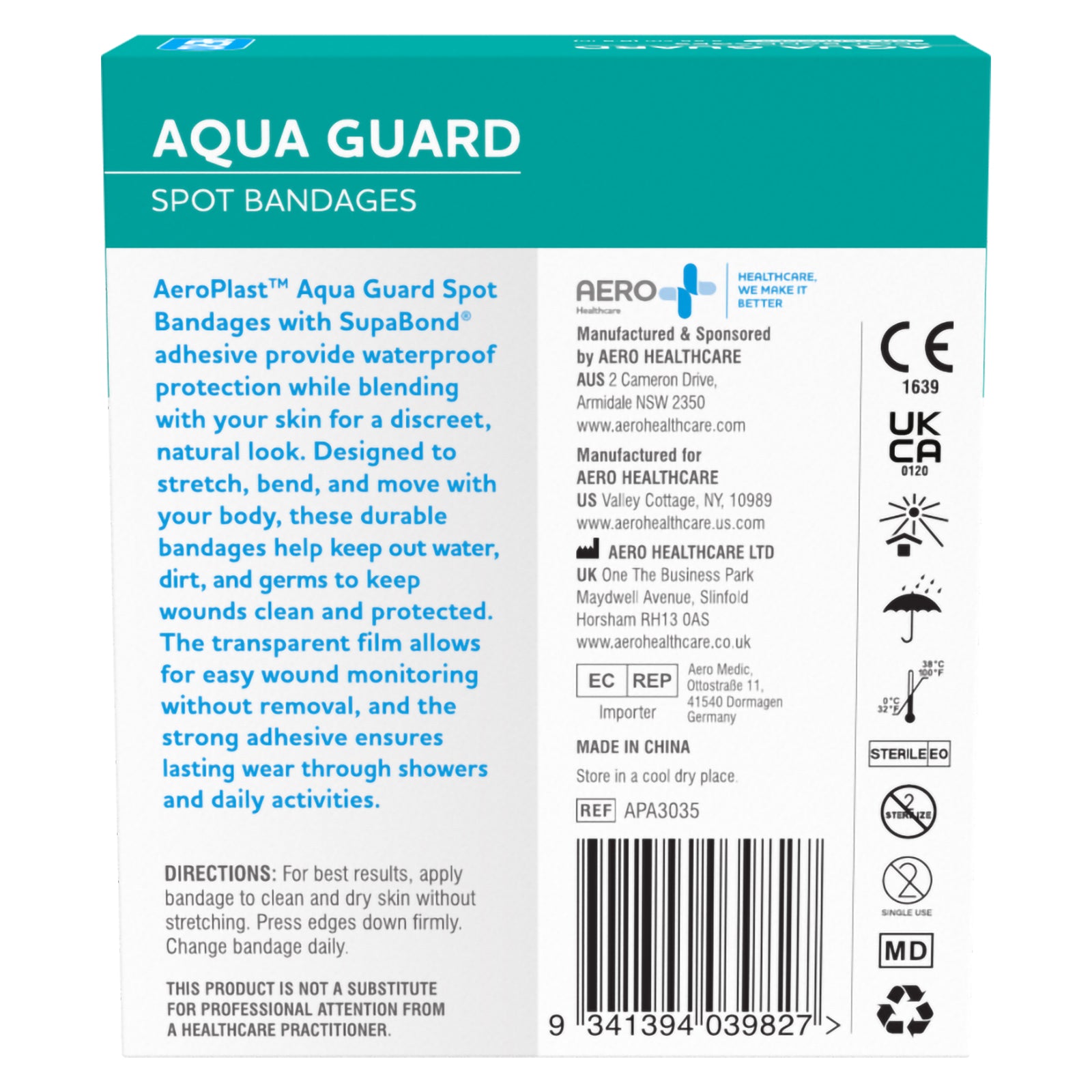 Rear view of the AquaGuard Spot Bandages packaging detailing waterproof protection, flexible movement, transparent film and strong adhesive performance. The panel also displays application directions, storage information, manufacturer details and medical device labelling.