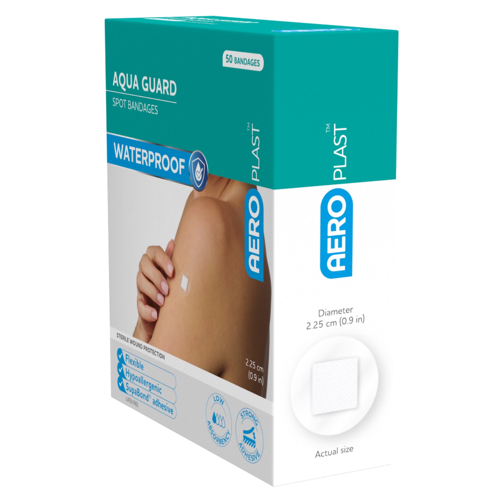 Side perspective of the AquaGuard waterproof dressing box showing both the branded front panel and actual size illustration. The image highlights the 2.25cm diameter, transparent circular dressing, central wound pad and 50 bandage pack quantity.