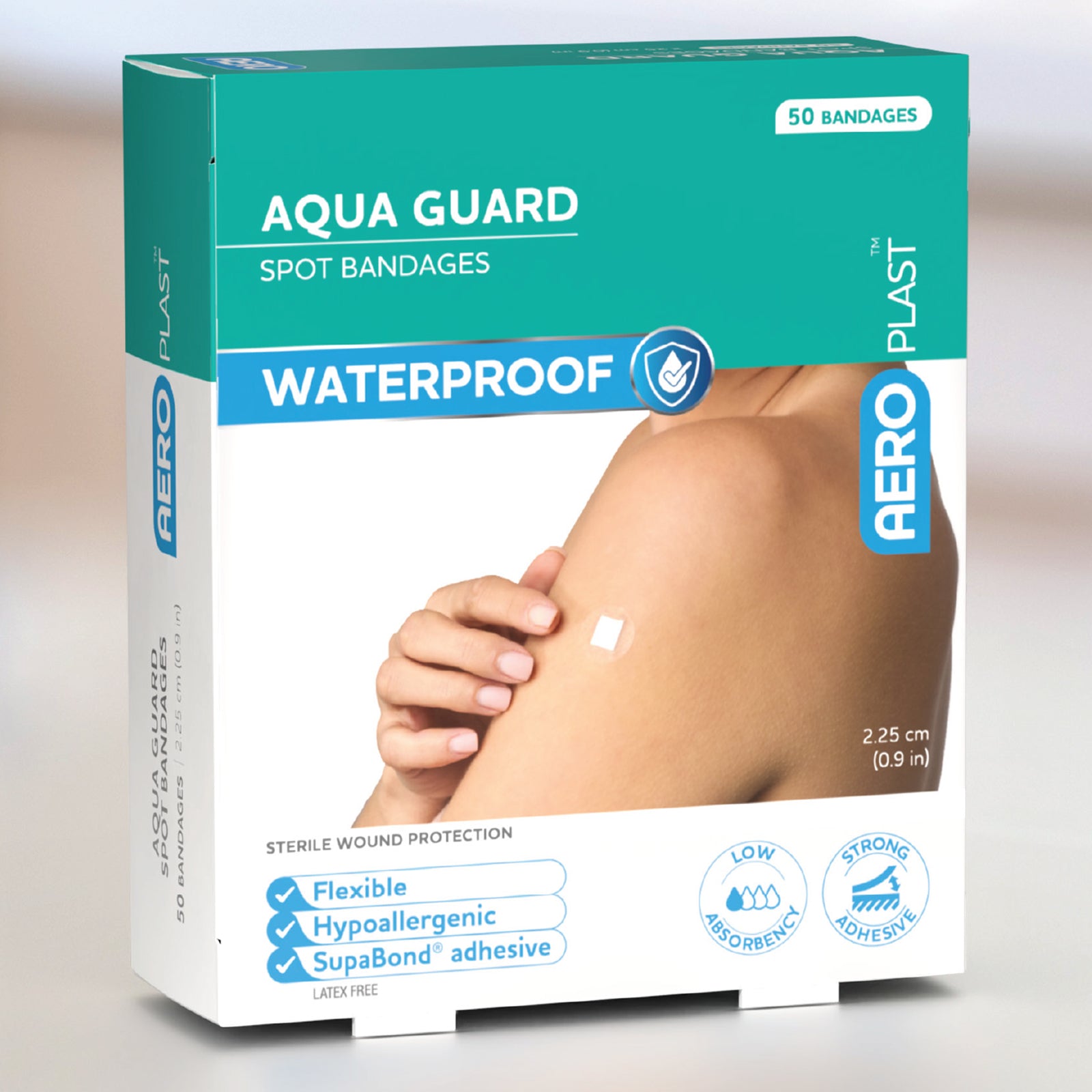 AeroPlast AquaGuard Waterproof Spot Dressings retail pack displayed against a clean white background. The front packaging highlights 50 bandages, sterile wound protection, flexible construction, hypoallergenic materials, SupaBond adhesive and the compact 2.25cm dressing diameter.