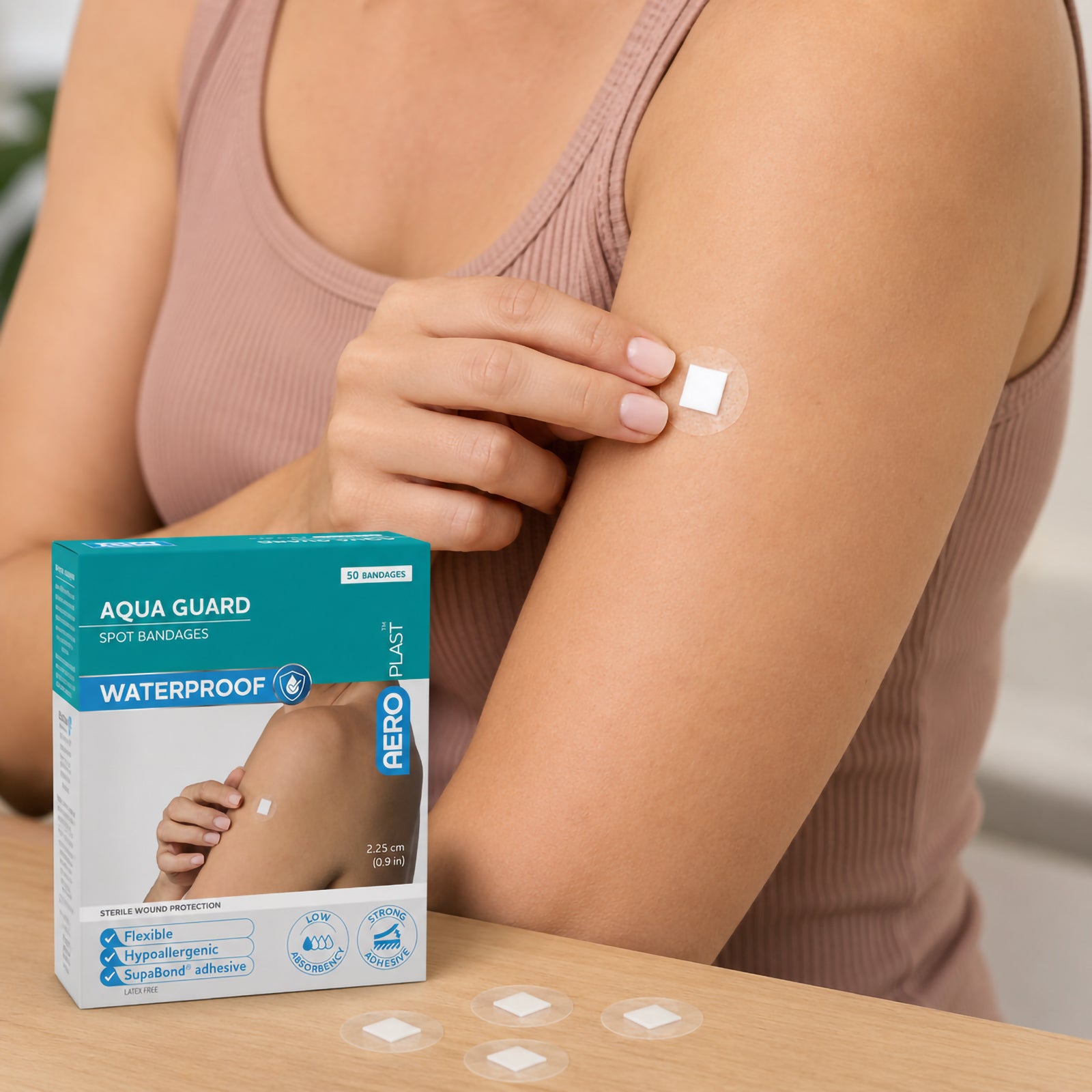 AeroPlast AquaGuard 2.25cm spot dressing applied to an upper arm beside the retail box and several individual transparent dressings. The image demonstrates the discreet clear film, compact central wound pad and low profile appearance for small wound protection.