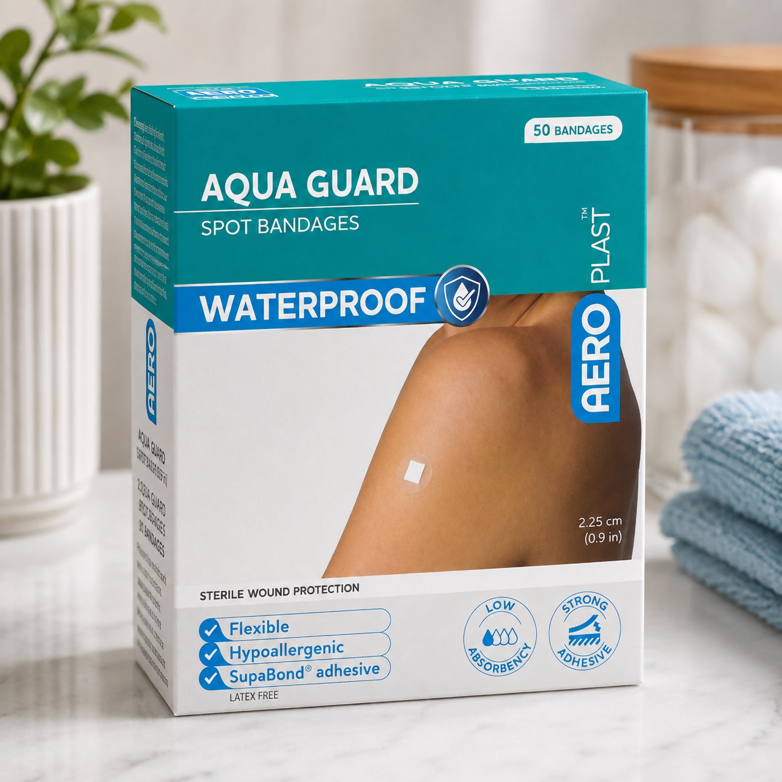 Front perspective of the AeroPlast AquaGuard Spot Bandages box showing 50 waterproof dressings, flexible and hypoallergenic features, SupaBond adhesive, low absorbency and strong adhesion messaging, with the 2.25cm dressing size clearly displayed.