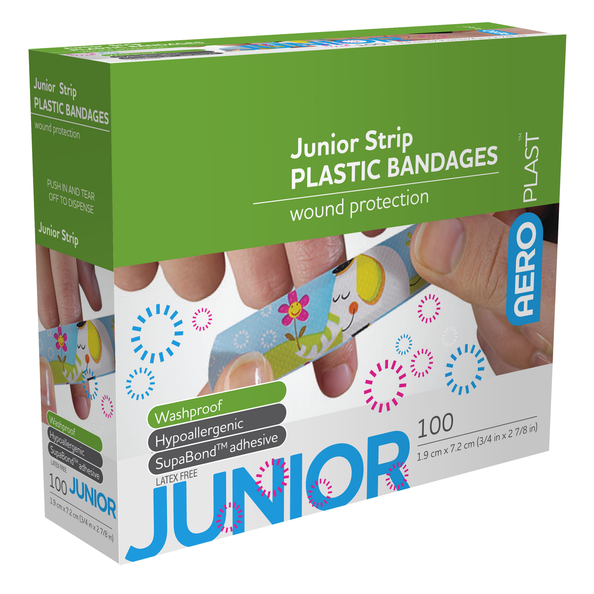 AeroPlast Plastic Junior Strip 7.2 x 1.9cm box of 100 waterproof plastic adhesive bandages bulk box for first aid rooms