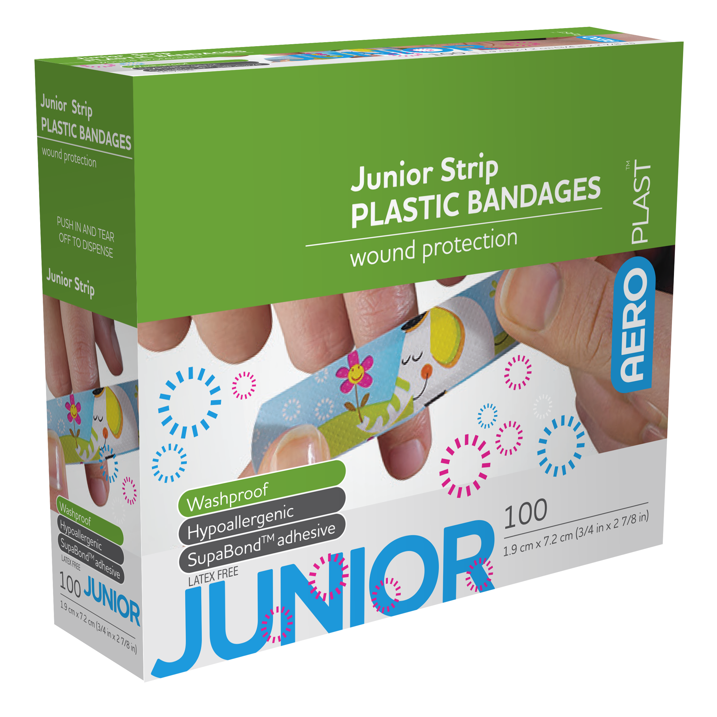 AeroPlast Plastic Junior Strip 7.2 x 1.9cm box of 100 waterproof plastic adhesive bandages bulk box for first aid rooms