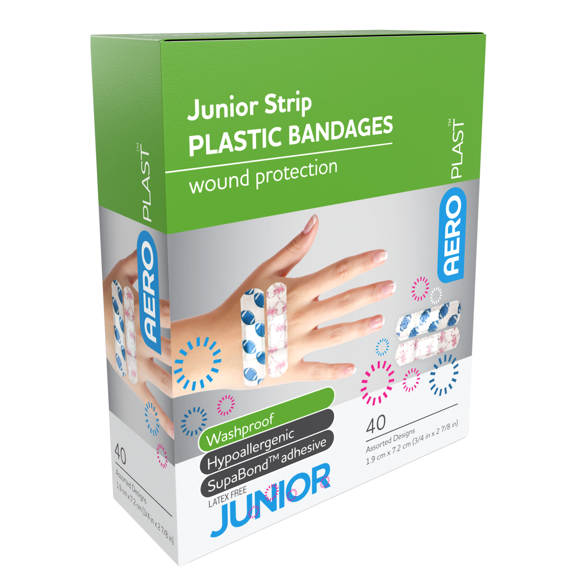 AeroPlast Plastic Junior Strip 7.2 x 1.9cm box of 40 waterproof plastic adhesive bandages for children and small wounds