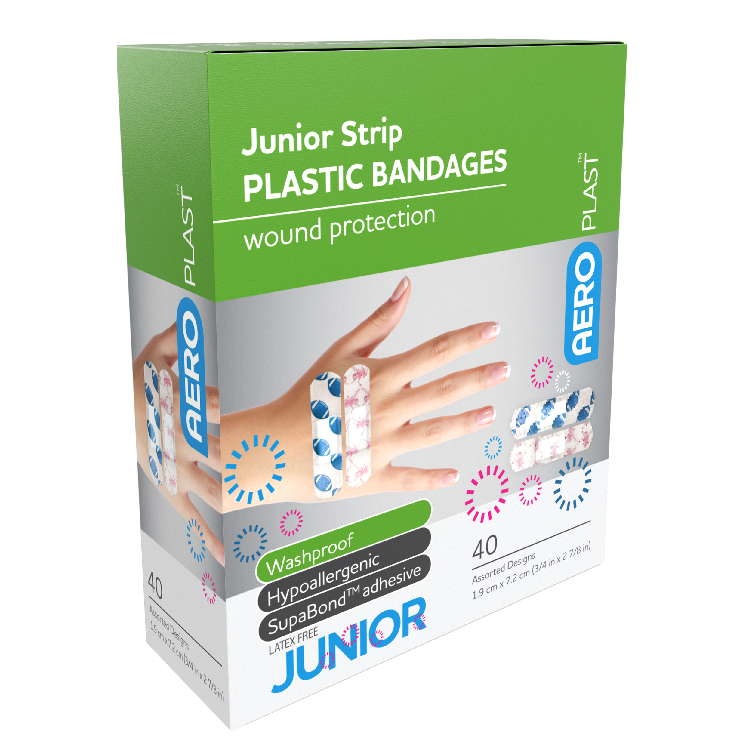 AeroPlast Plastic Junior Strip 7.2 x 1.9cm box of 40 waterproof plastic adhesive bandages for children and small wounds