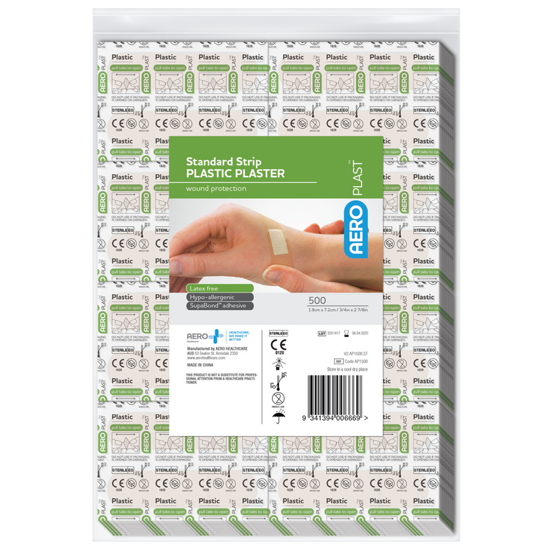 AeroPlast Plastic Standard Strip 7.2x1.9cm bag of 500 bulk waterproof wound strips