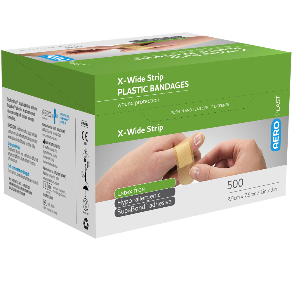 AeroPlast Plastic X-Wide Strip 7.5 x 2.5cm box of 500 high-volume washproof plaster for busy workplace first aid rooms