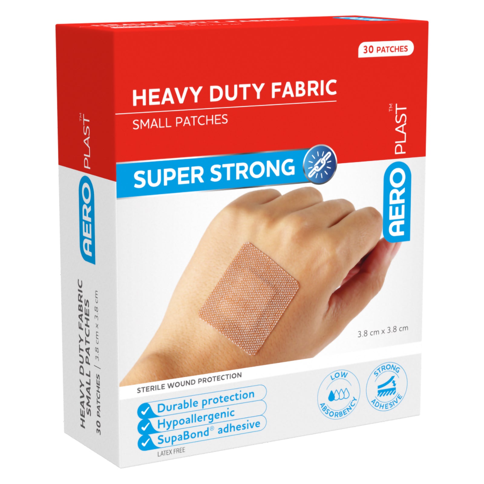 Three quarter front view of AeroPlast Heavy Duty Fabric Small Patches packaging showing the square fabric dressing in use and the side panel. The 30 patch box highlights strong adhesion, flexible wound protection, hypoallergenic construction and latex free materials for everyday first aid requirements.