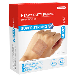 Three quarter front view of AeroPlast Heavy Duty Fabric Small Patches packaging showing the square fabric dressing in use and the side panel. The 30 patch box highlights strong adhesion, flexible wound protection, hypoallergenic construction and latex free materials for everyday first aid requirements.