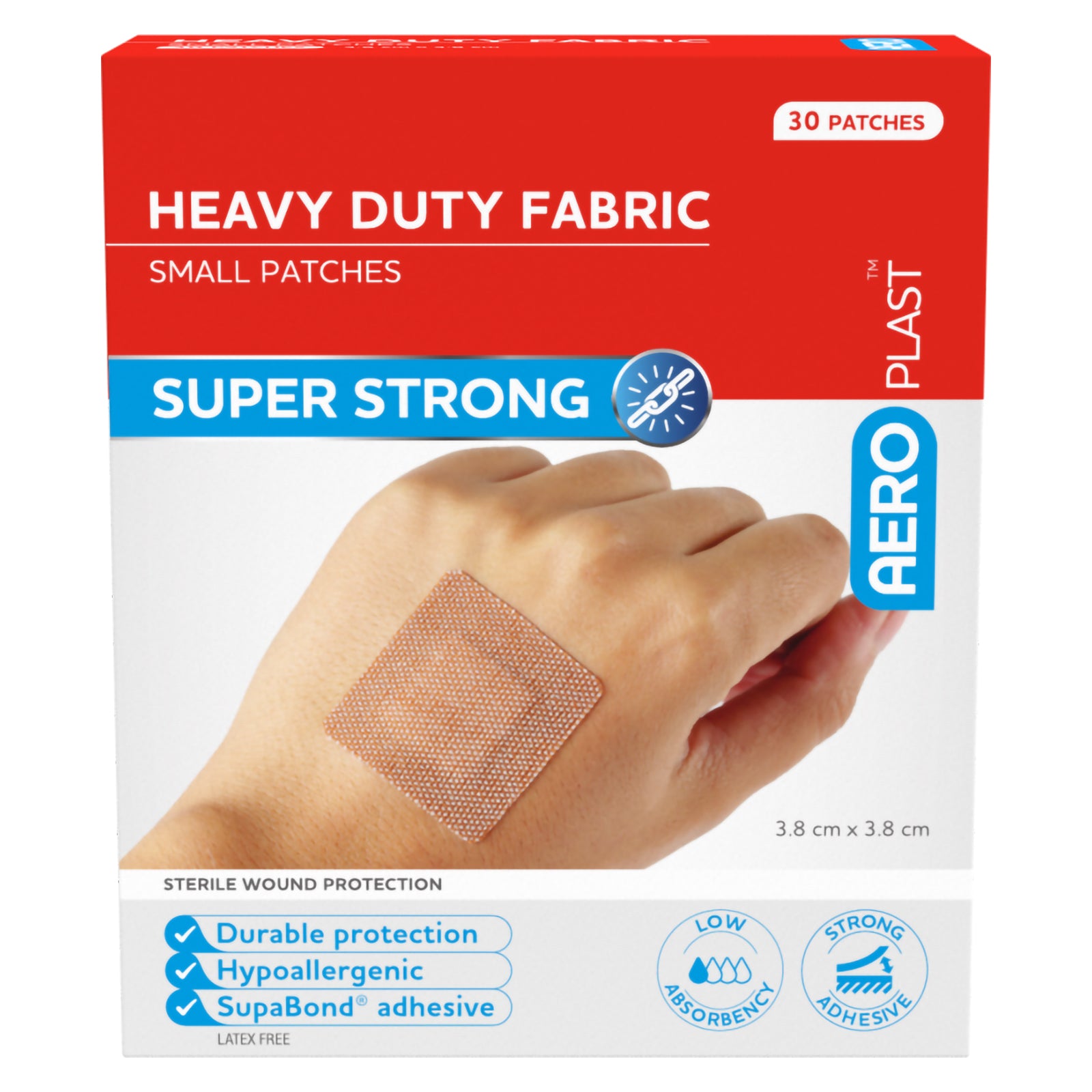 Straight front product image of the AeroPlast Heavy Duty Fabric Small Patches box featuring a square woven dressing positioned on a hand. The packaging clearly displays the 30 patch count, 3.8 x 3.8cm dimensions, durable protection, hypoallergenic properties and strong adhesive performance.