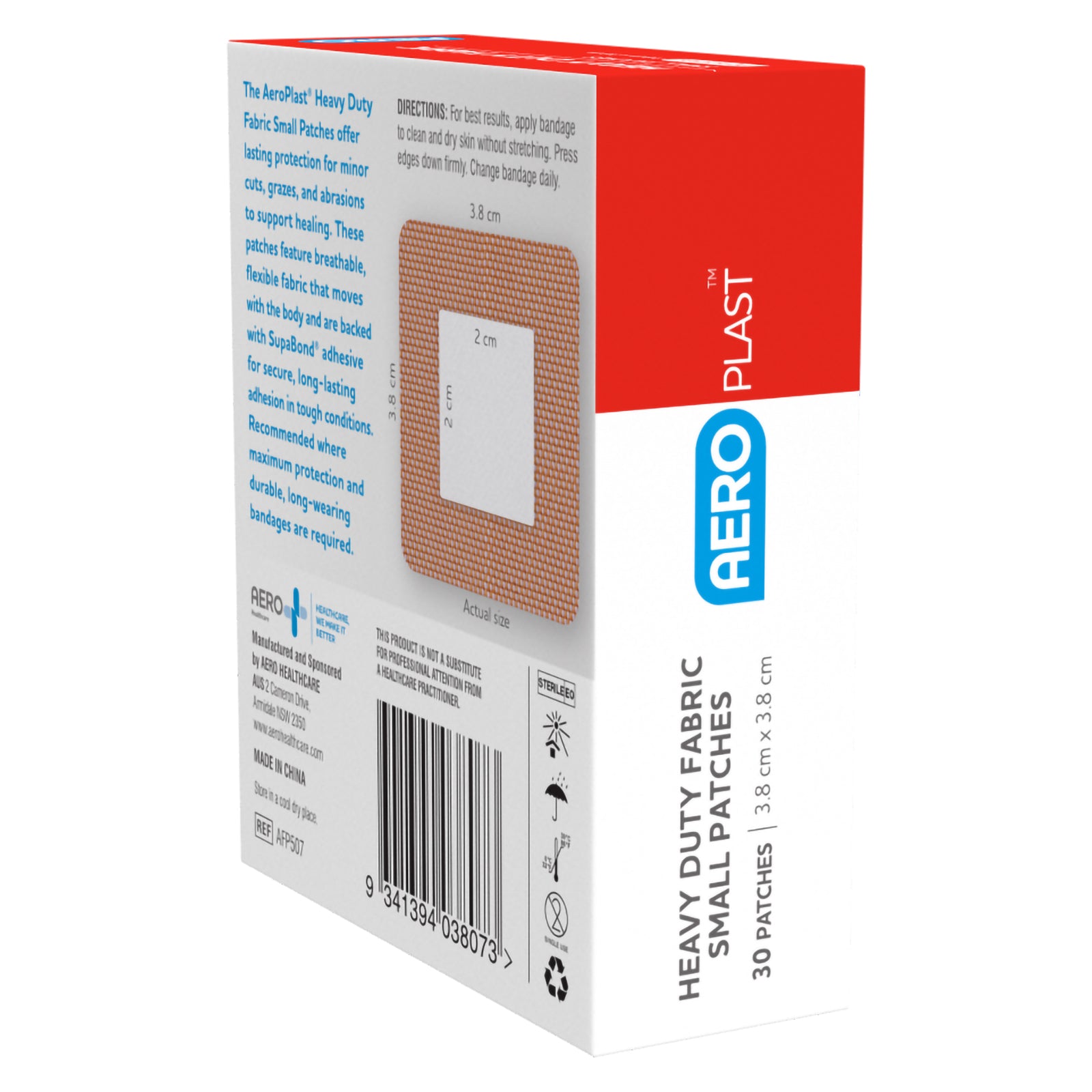 Rear angled view of the AeroPlast Heavy Duty Fabric Small Patches packaging showing product information, application directions and an actual size diagram. The illustrated dressing measures 3.8 x 3.8cm with a central 2 x 2cm wound pad for covering suitable minor cuts, grazes and abrasions.