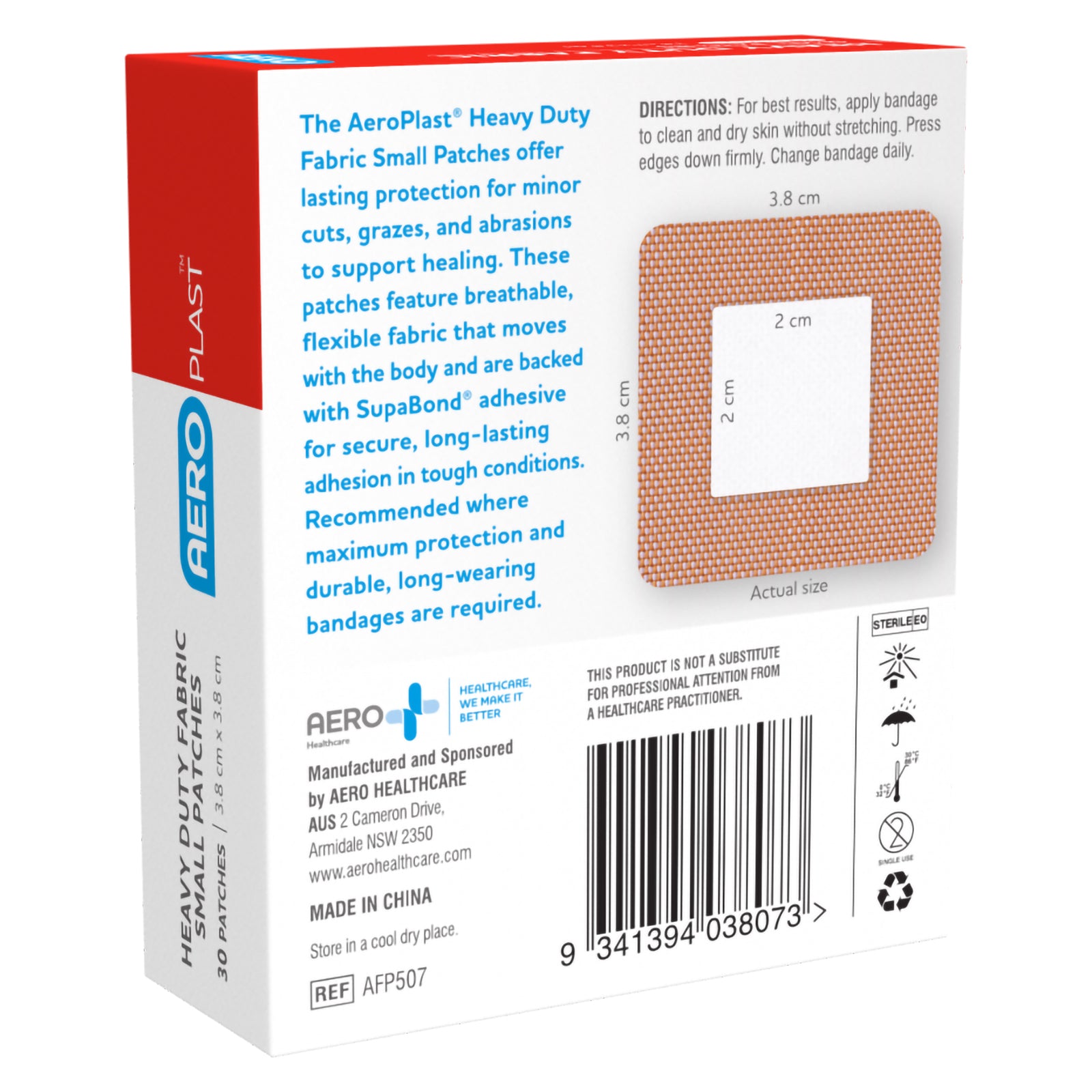 Three quarter rear view of the AeroPlast Heavy Duty Fabric Small Patches box showing the product description, actual size patch diagram, barcode and manufacturer information. The packaging identifies the dressing as a durable option for minor cuts, grazes and abrasions requiring secure coverage.