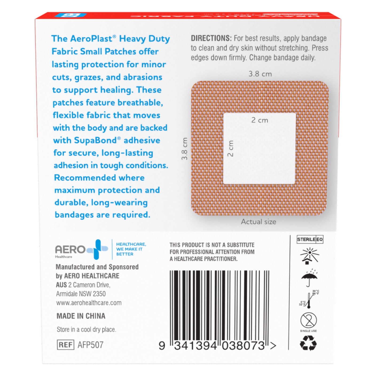 Rear packaging view of AeroPlast Heavy Duty Fabric Small Patches displaying the woven patch construction, actual dressing dimensions, application instructions, product reference AFP507 and storage information. The pack explains the flexible fabric and SupaBond adhesive used for durable wound protection.