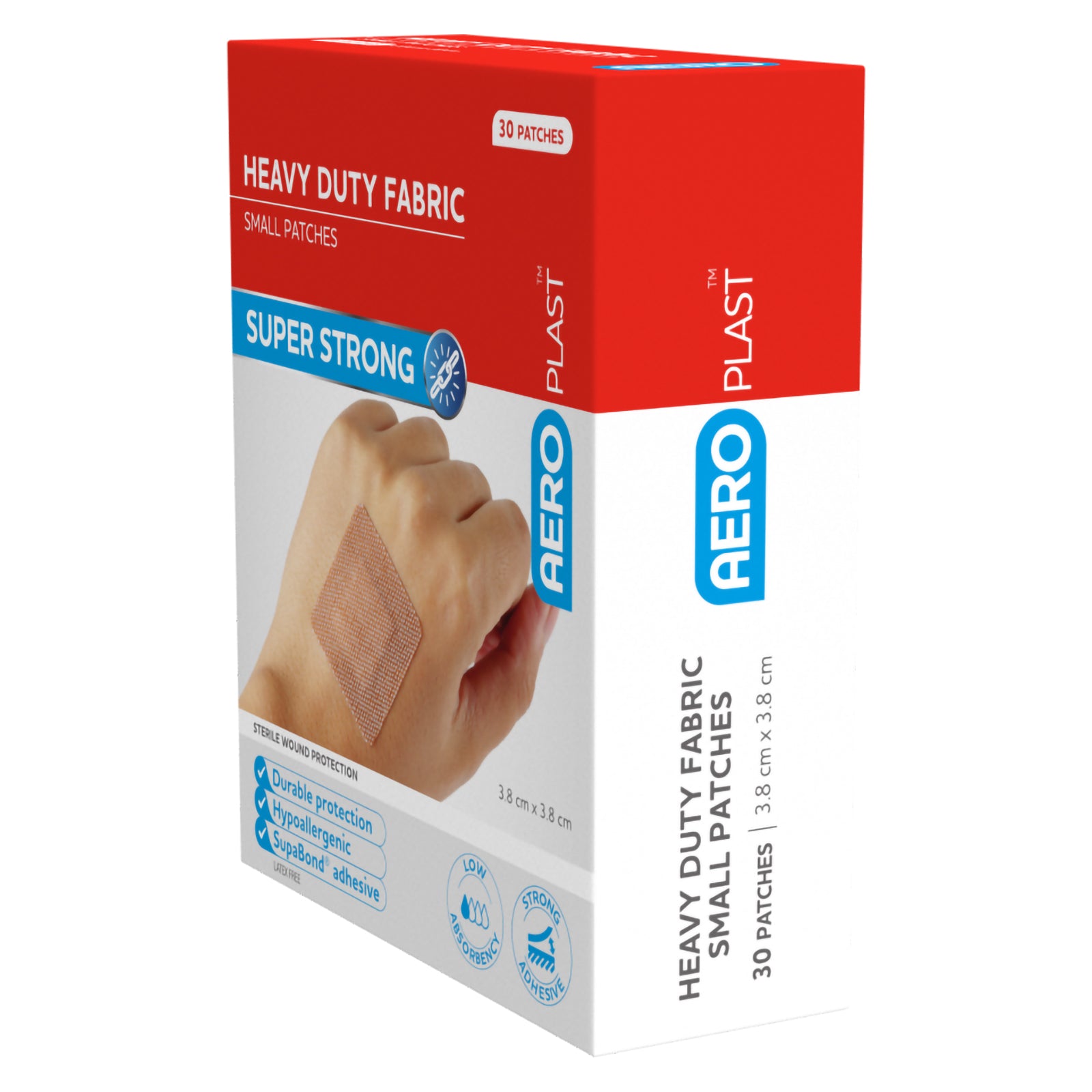 Angled front and side view of the AeroPlast Heavy Duty Fabric Small Patches box with bold red, white and blue packaging. The image highlights the 30 patch quantity, heavy duty fabric construction, 3.8 x 3.8cm size, SupaBond adhesive and sterile wound protection.