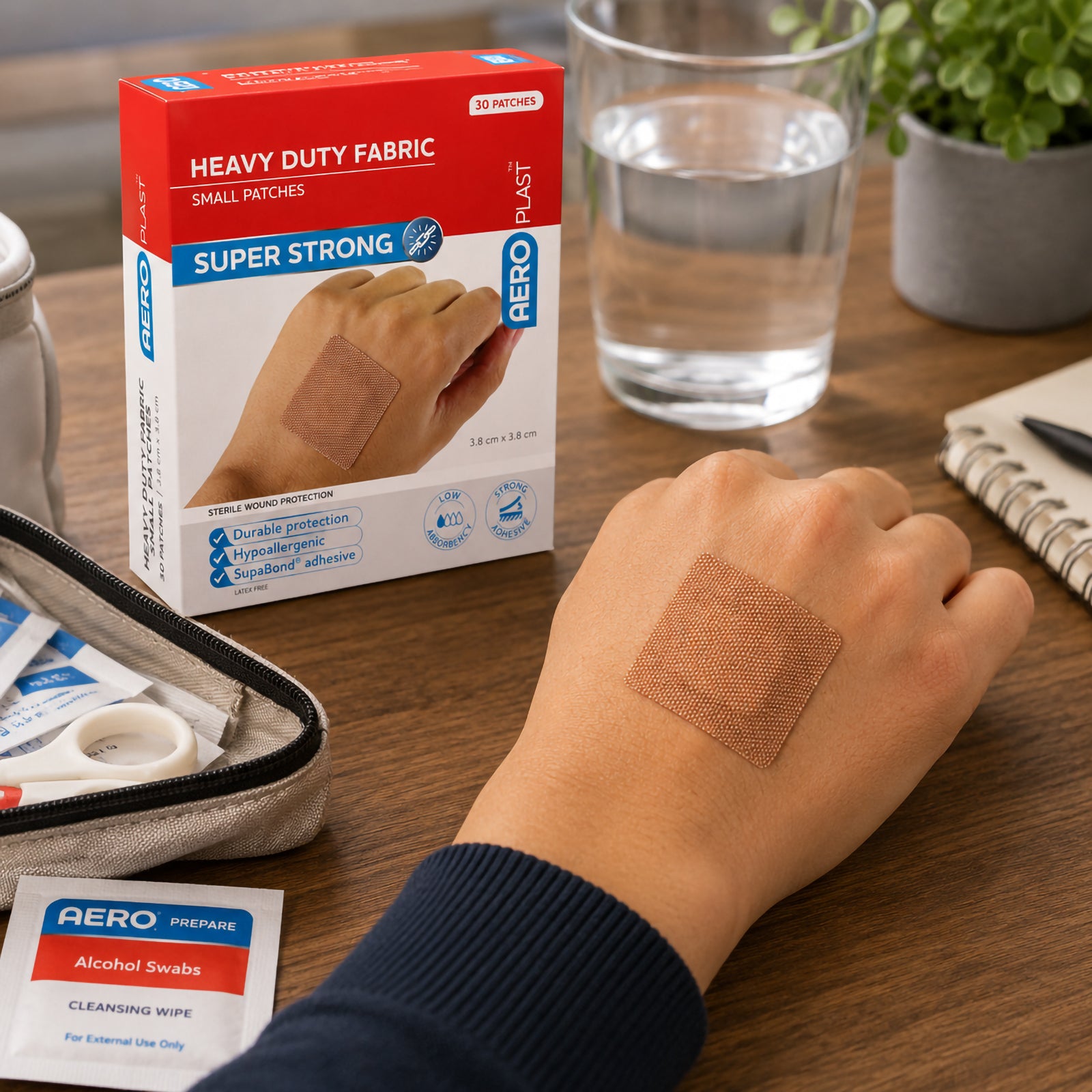 AeroPlast Heavy Duty Fabric Small Patch secured to the back of a hand beside the 30 patch retail box, first aid supplies and an alcohol swab. The scene highlights practical wound protection for home, workplace and portable first aid kits where dependable adhesion is important.