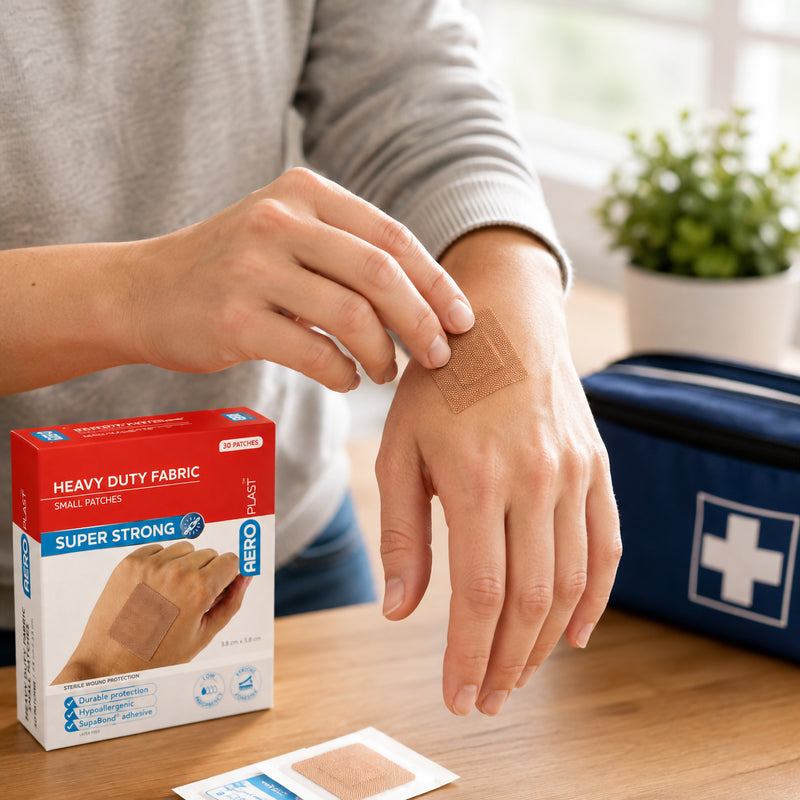 Person applying a brown AeroPlast Heavy Duty Fabric Small Patch to the back of the hand beside the red and white 30 patch box and a first aid kit. The image demonstrates convenient wound coverage for minor everyday injuries using the flexible 3.8 x 3.8cm fabric dressing.