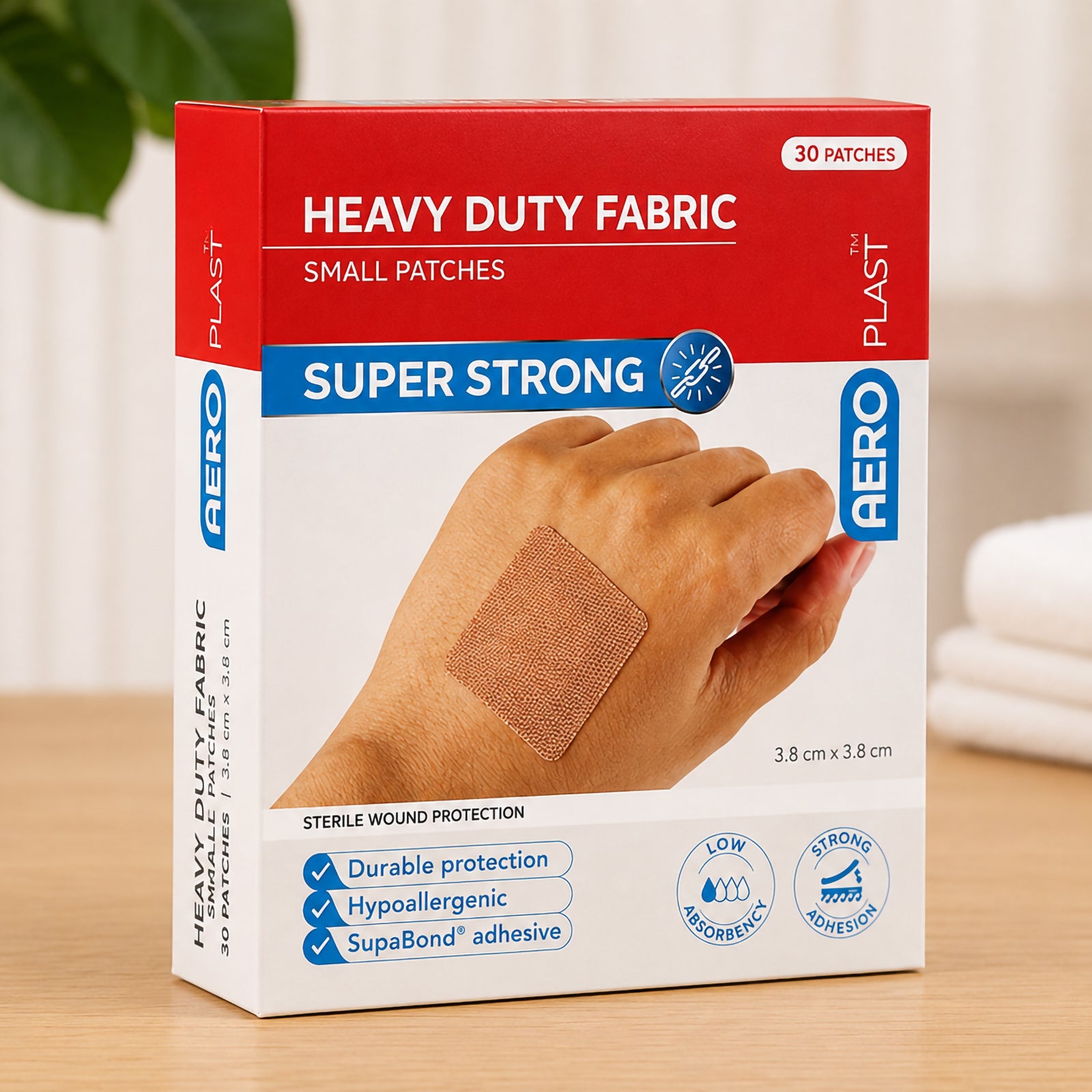 Front view of the AeroPlast Heavy Duty Fabric Small Patches box showing the 30 patch quantity, 3.8 x 3.8cm size and heavy duty woven dressing applied to a hand. Packaging highlights durable protection, hypoallergenic construction, SupaBond adhesive, low absorbency and strong adhesion.