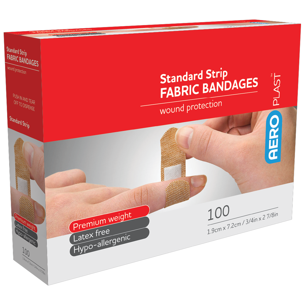 AeroPlast Premium Fabric Standard Strip 7.2 x 1.9cm box of 100 bulk premium fabric bandages for workplace first aid rooms