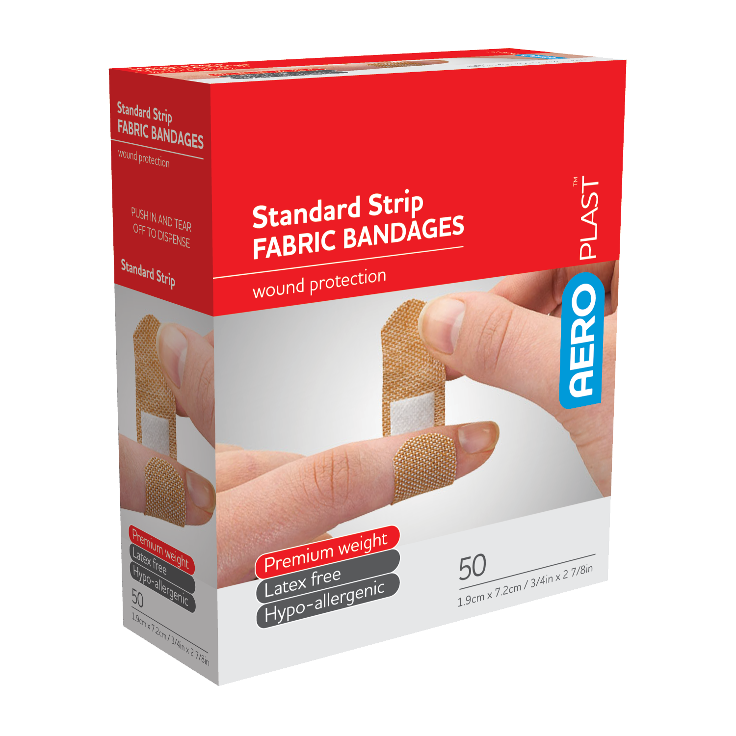 AeroPlast Premium Fabric Standard Strip 7.2 x 1.9cm box of 50 durable fabric adhesive bandages for first aid kits and treatment rooms