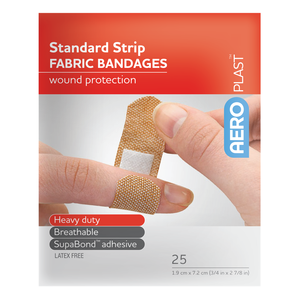 AeroPlast Premium Fabric Standard Strip 7.2 x 1.9cm envelope of 25 durable fabric adhesive bandages for minor cuts and abrasions