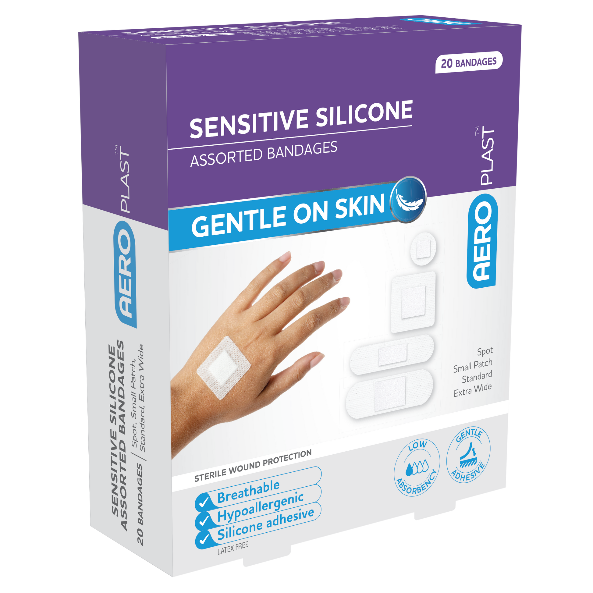 AeroPlast Sensitive Silicone Assorted Dressings pack of 20 gentle adhesive sensitive skin