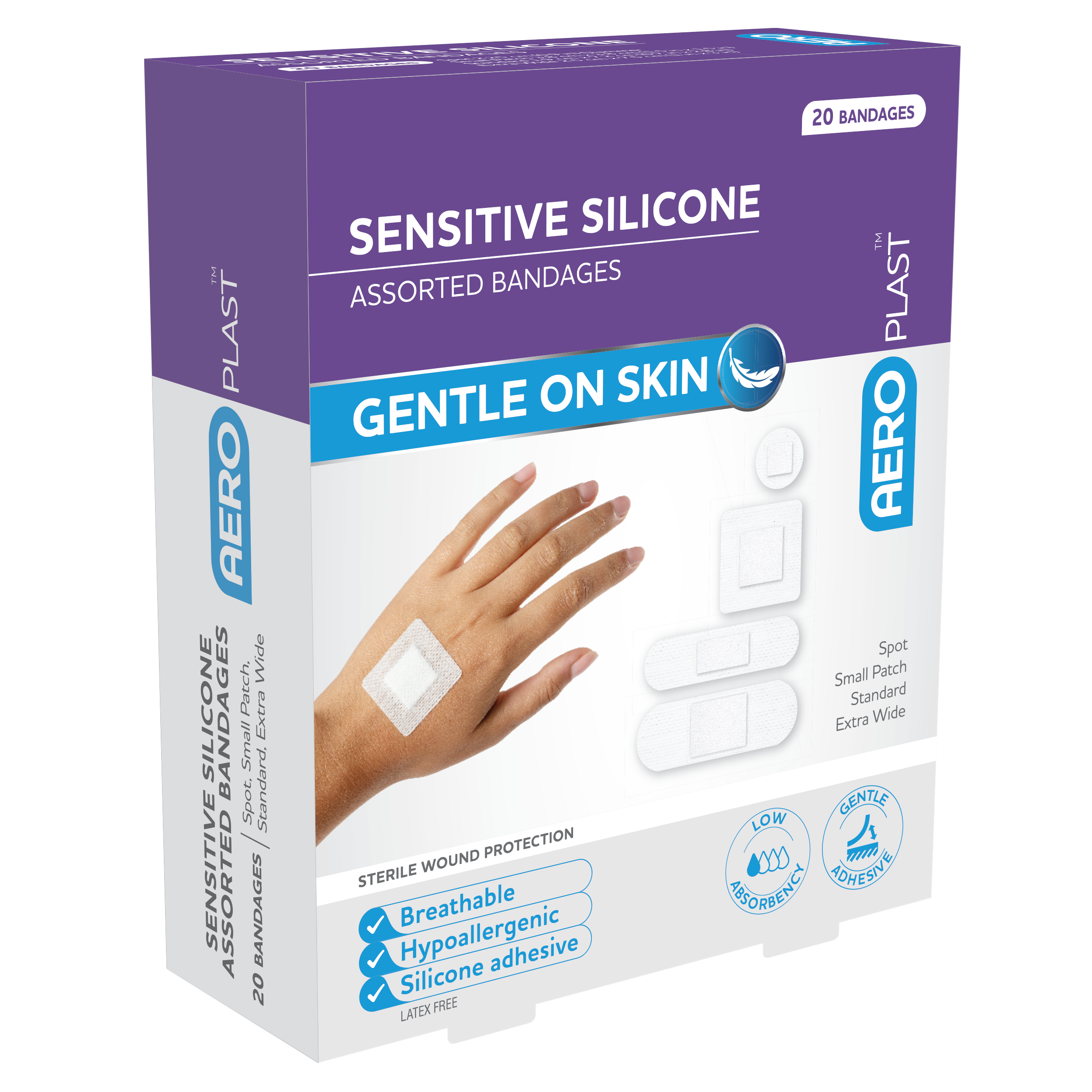 AeroPlast Sensitive Silicone Assorted Dressings pack of 20 gentle adhesive sensitive skin