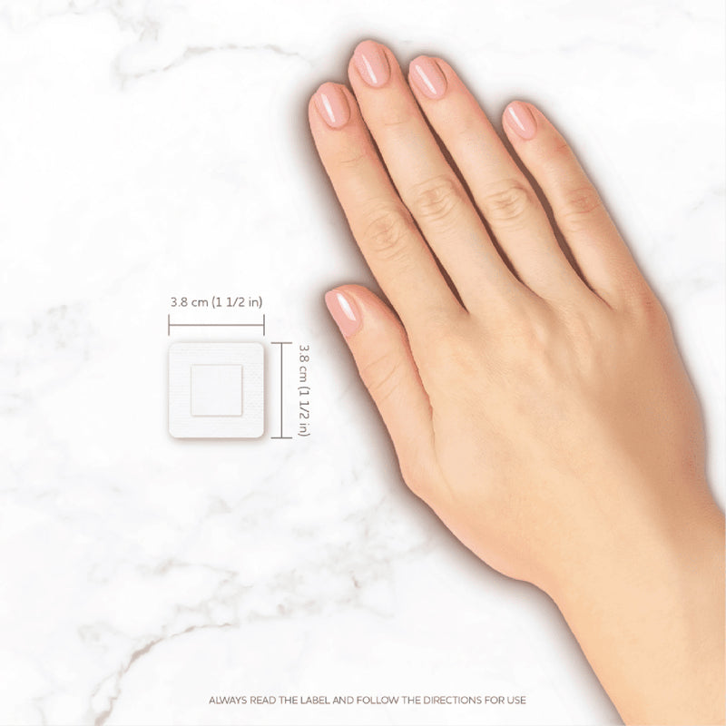 Size comparison showing an AeroPlast Sensitive Silicone small patch beside a hand, with dimensions marked at 3.8 x 3.8cm.