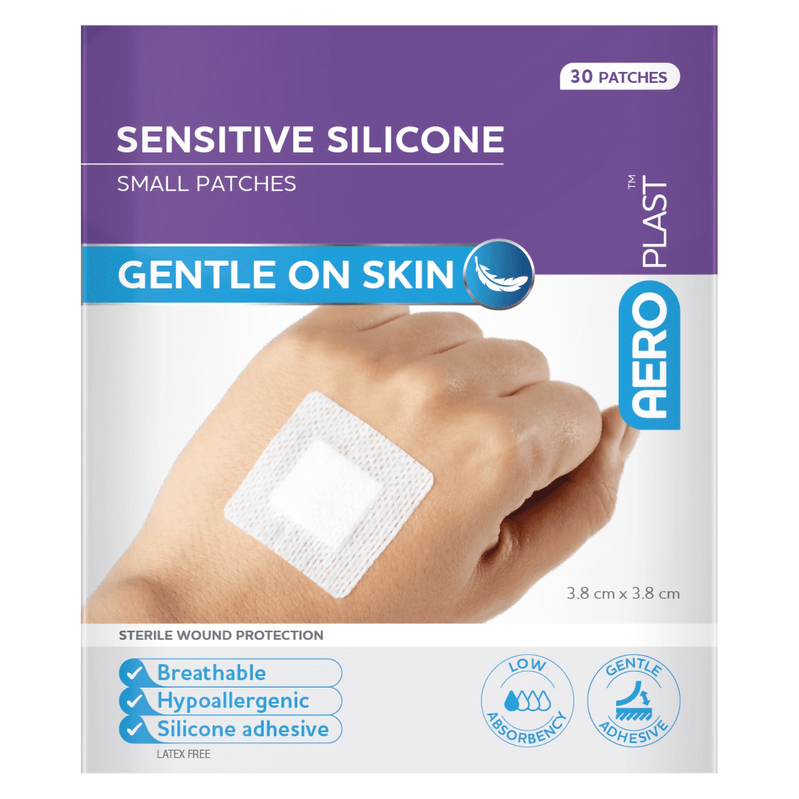 Front packaging for AeroPlast Sensitive Silicone Small Patches, showing 30 patches, 3.8 x 3.8cm sizing and gentle on skin positioning.
