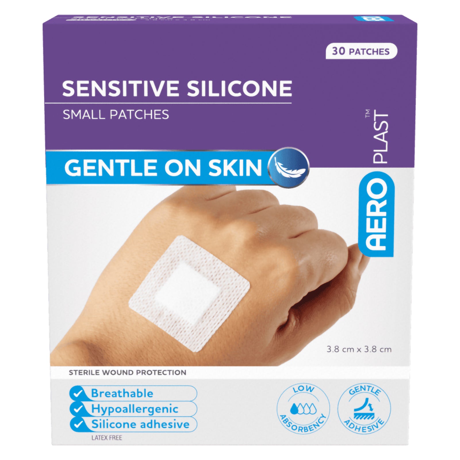 Straight front view of AeroPlast Sensitive Silicone Small Patches packaging highlighting breathable, hypoallergenic, silicone adhesive and latex free features.