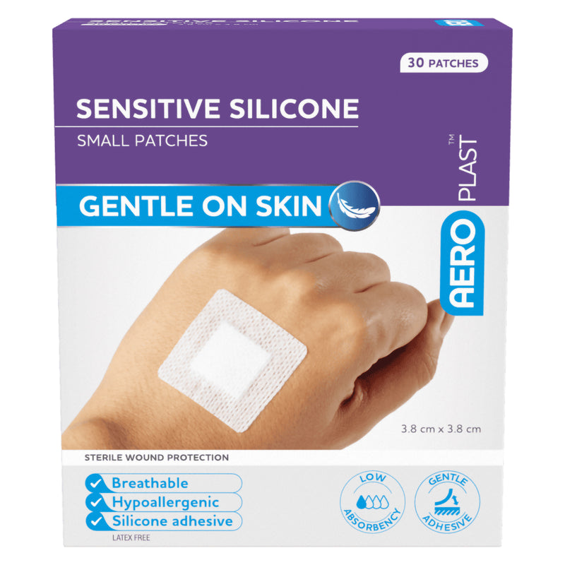 Straight front view of AeroPlast Sensitive Silicone Small Patches packaging highlighting breathable, hypoallergenic, silicone adhesive and latex free features.