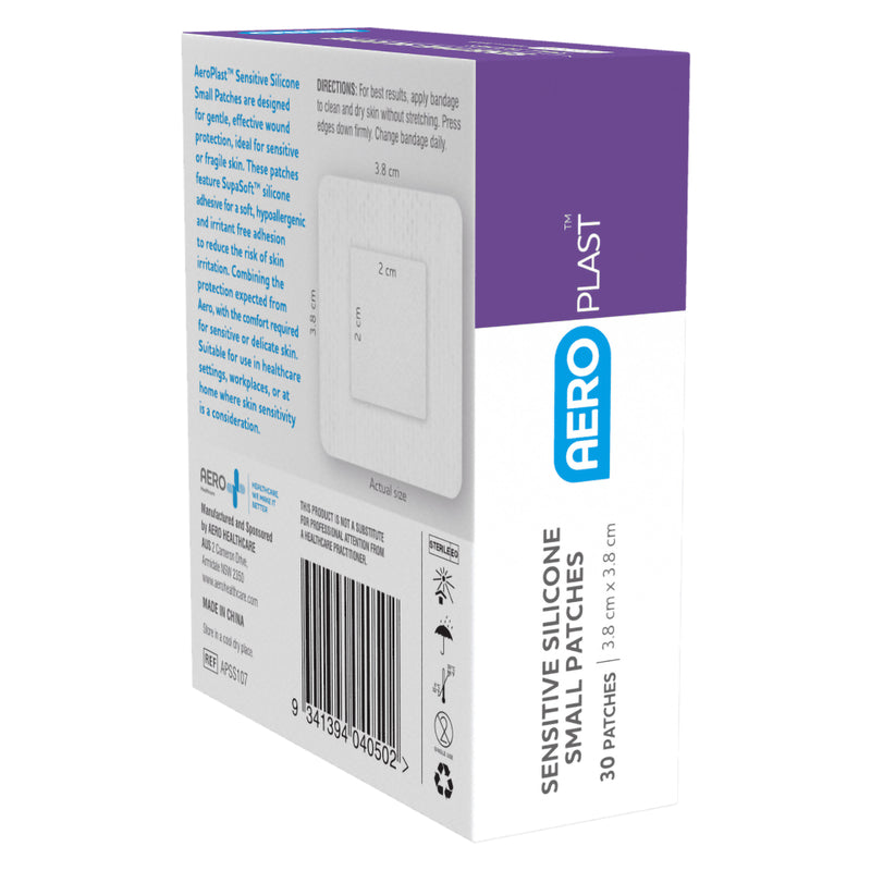Angled rear and side view of the AeroPlast Sensitive Silicone Small Patches box showing product information, patch dimensions and APSS107 reference.
