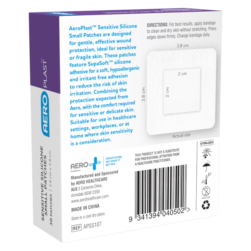 Angled rear view of AeroPlast Sensitive Silicone Small Patches packaging with wound patch sizing, directions, storage information and product reference APSS107.