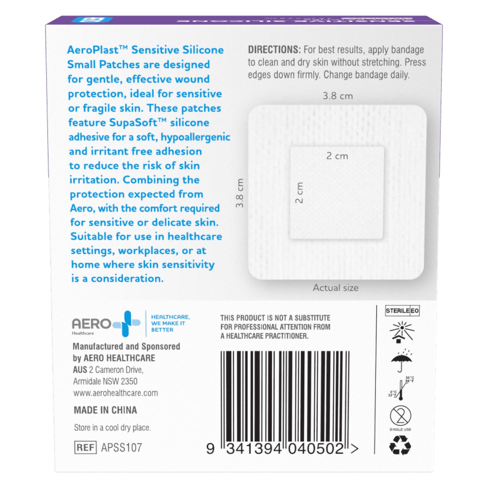 Rear packaging of AeroPlast Sensitive Silicone Small Patches showing directions for use, 3.8cm patch dimensions, 2cm wound pad and product details.