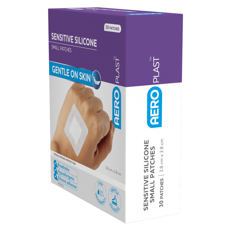 Side and front angled view of the AeroPlast Sensitive Silicone Small Patches box showing the 30 patch quantity and 3.8 x 3.8cm format.