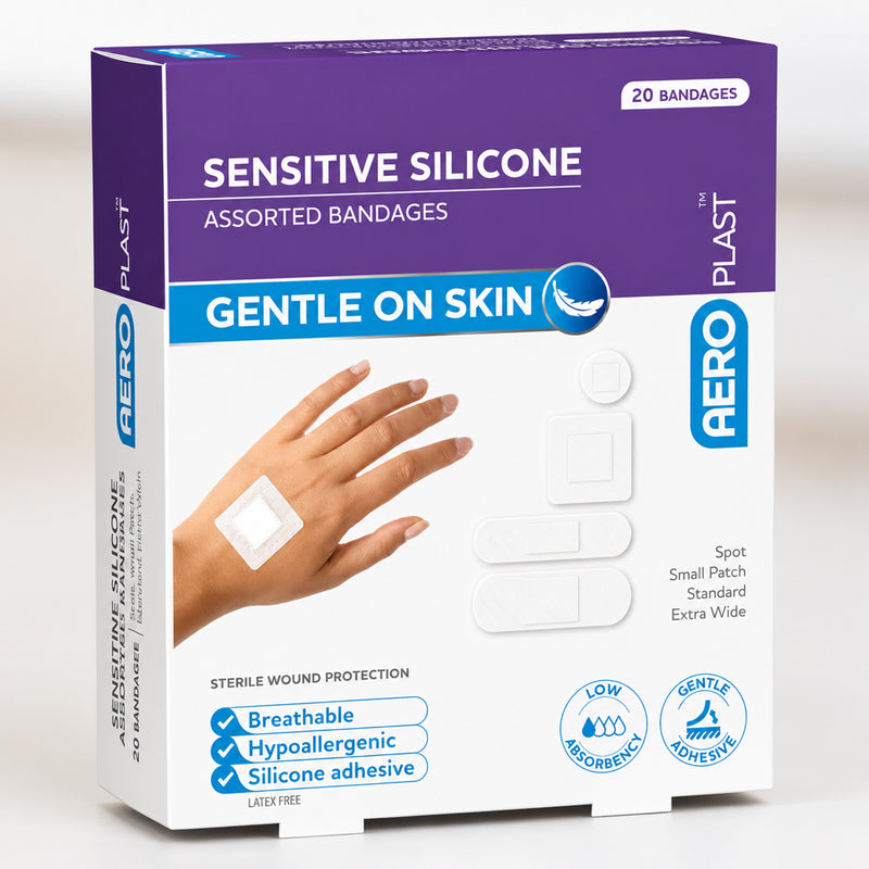 AeroPlast Sensitive Silicone assorted bandage packaging showing the wider sensitive silicone dressing range and gentle skin focused wound protection.