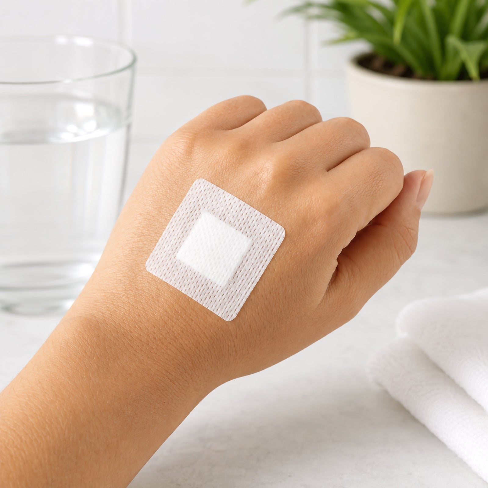 AeroPlast Sensitive Silicone small wound patch applied to the back of a hand, showing the compact square dressing and central wound pad in a clean home setting.