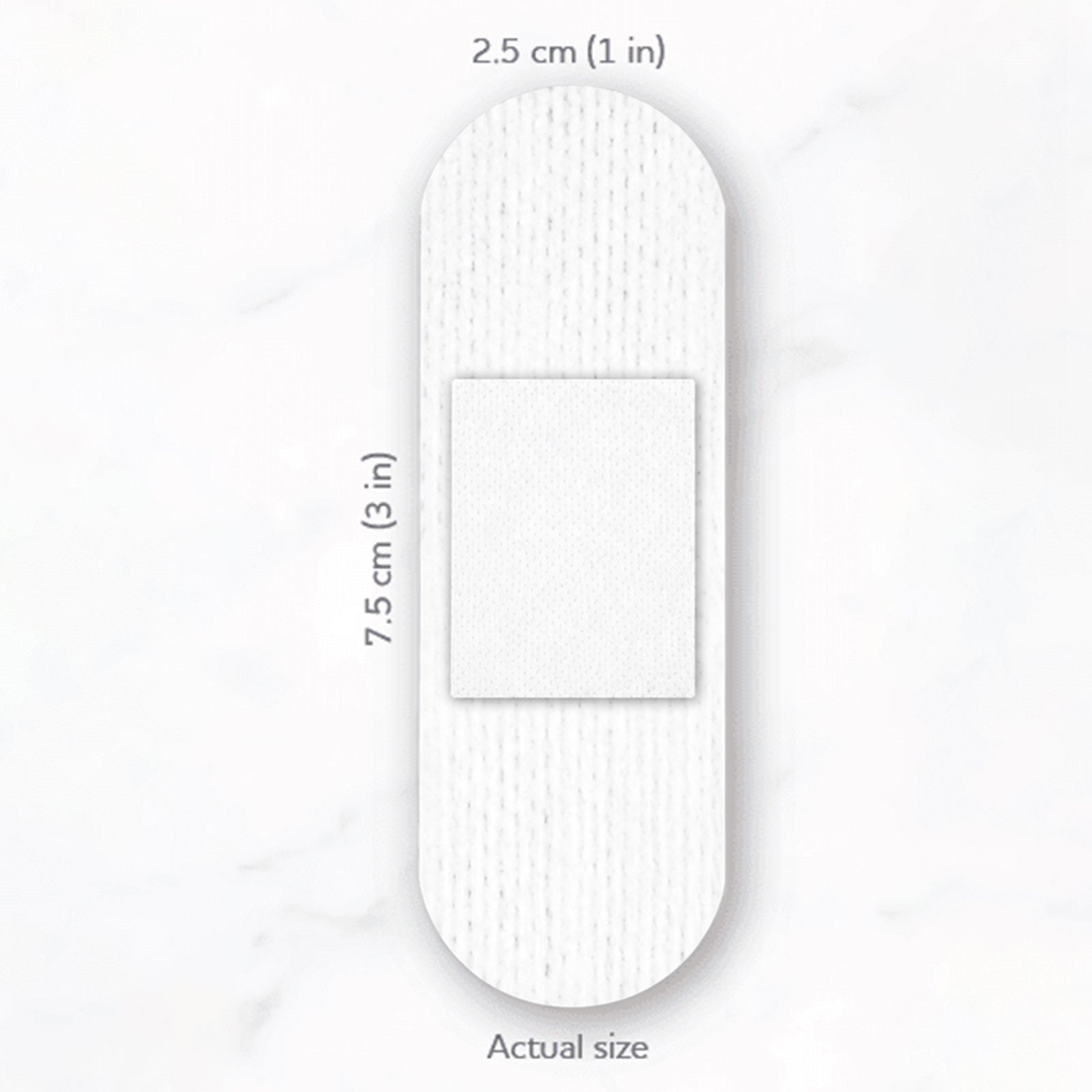 Actual size presentation of the white AeroPlast Sensitive Silicone Extra Wide Bandage, clearly showing its rounded strip shape, central wound pad and dimensions of 2.5 x 7.5cm.